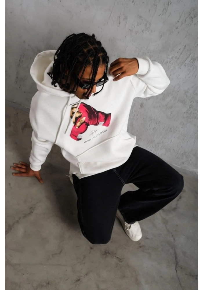 Erkek Kapüşonlu Cepli Boks Eldiven Baskılı 3 İplik Sweatshirt Hoodie - Beyaz