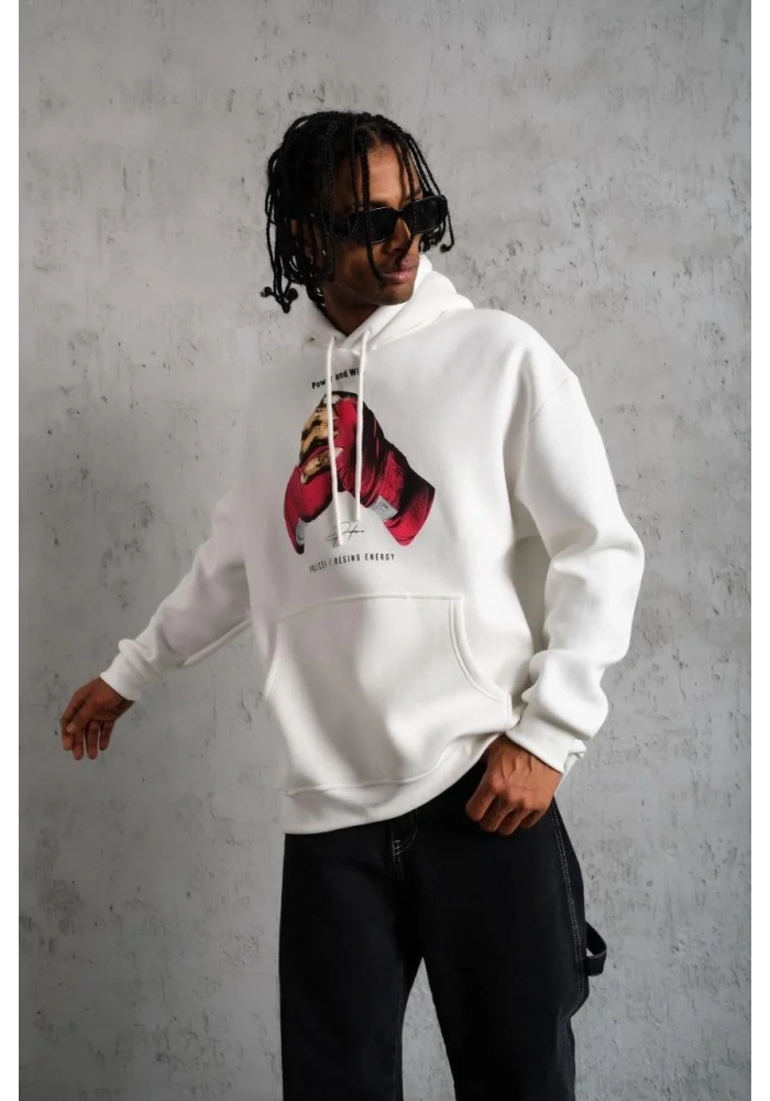 Erkek Kapüşonlu Cepli Boks Eldiven Baskılı 3 İplik Sweatshirt Hoodie - Beyaz