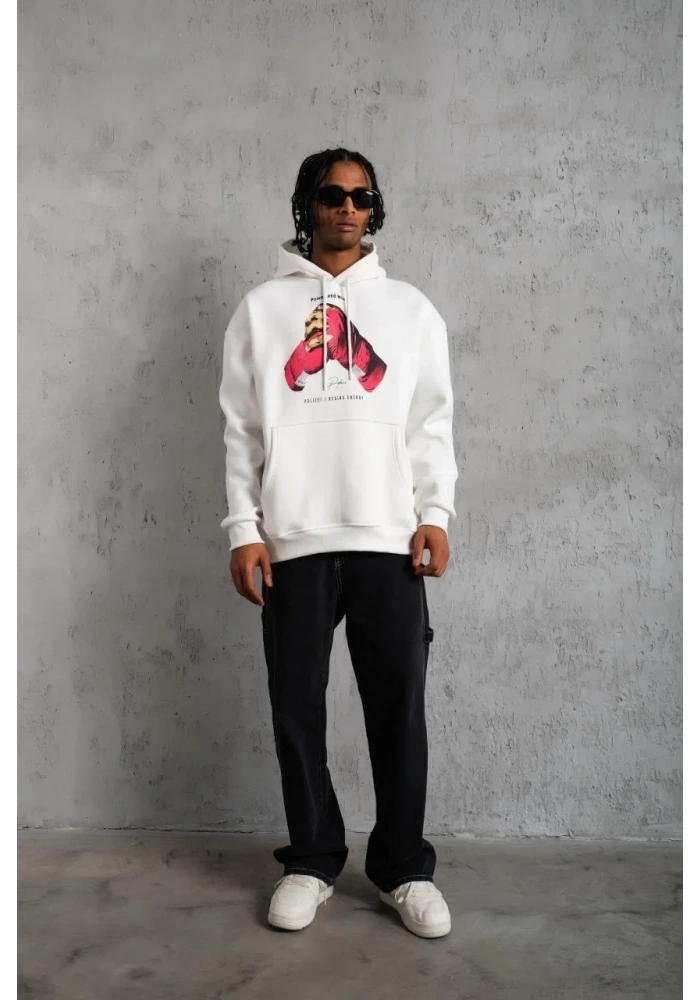Erkek Kapüşonlu Cepli Boks Eldiven Baskılı 3 İplik Sweatshirt Hoodie - Beyaz