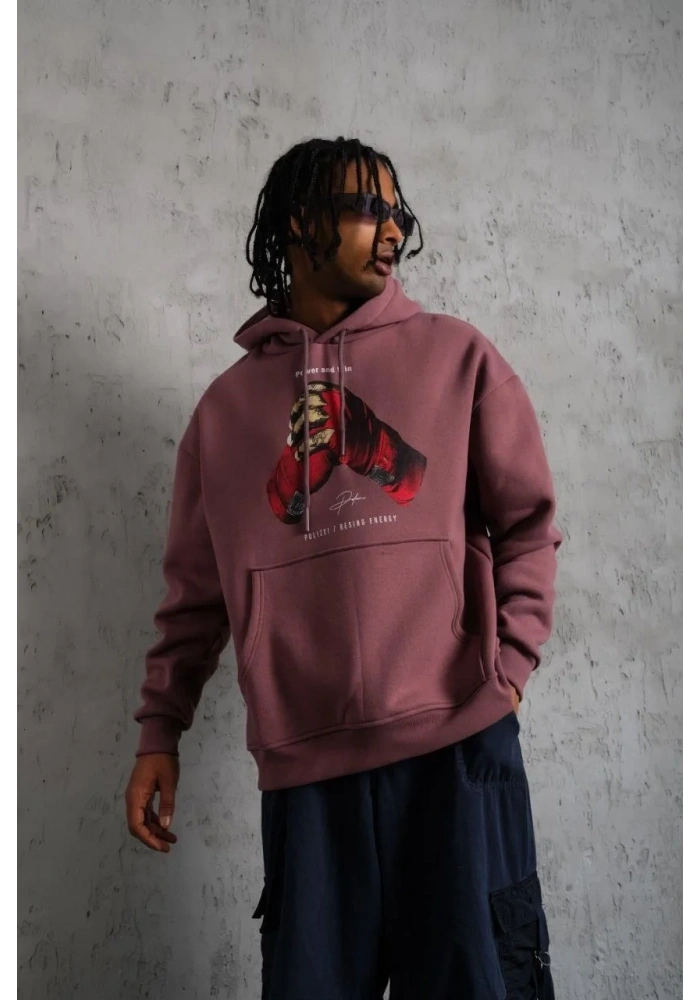 Erkek Kapüşonlu Cepli Box Eldiven Baskılı 3 İplik Sweatshirt Hoodie - Gül Kurusu