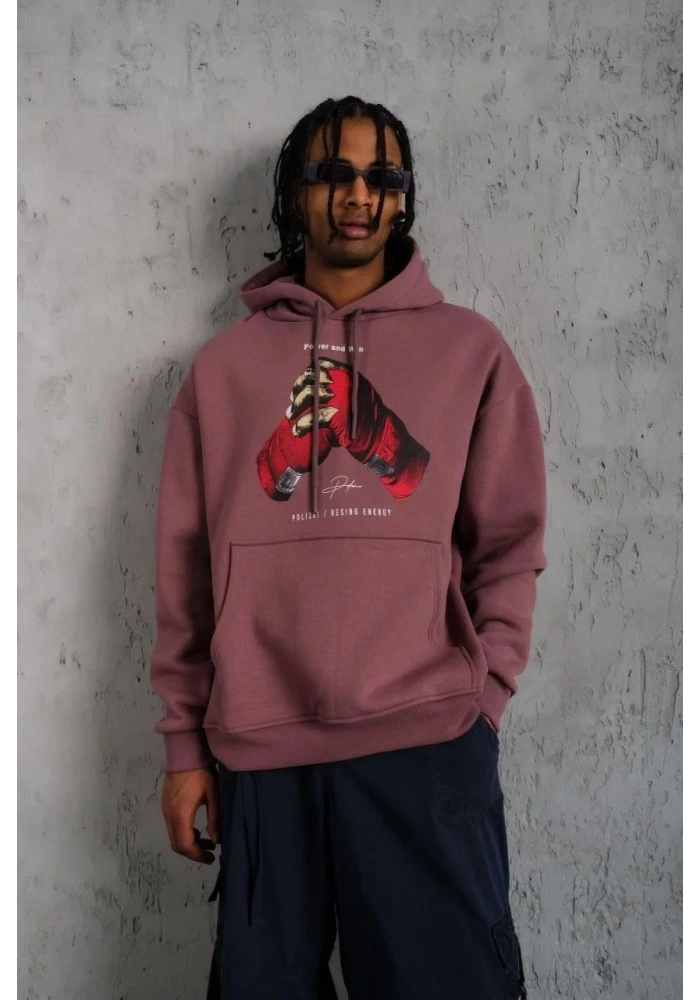 Erkek Kapüşonlu Cepli Box Eldiven Baskılı 3 İplik Sweatshirt Hoodie - Gül Kurusu