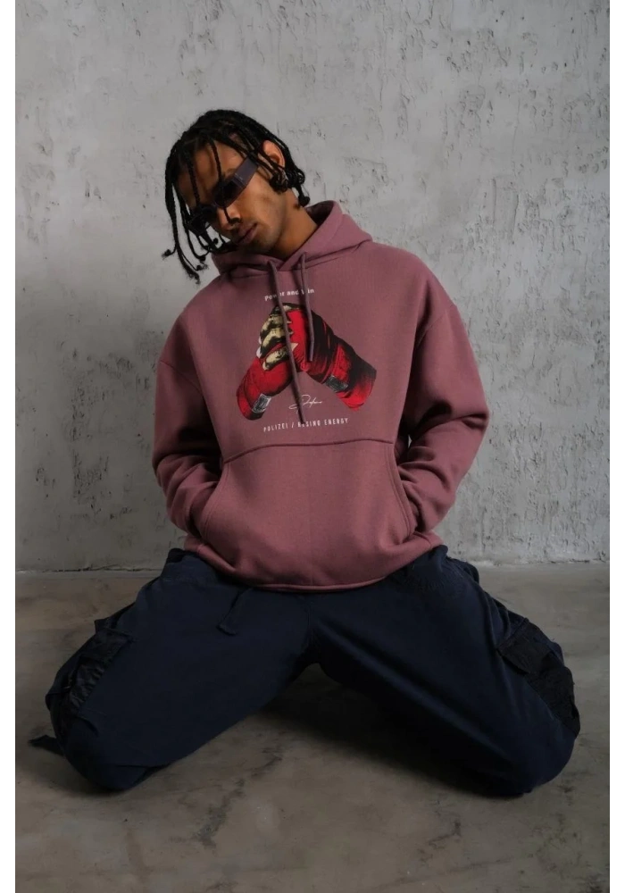 Erkek Kapüşonlu Cepli Box Eldiven Baskılı 3 İplik Sweatshirt Hoodie - Gül Kurusu