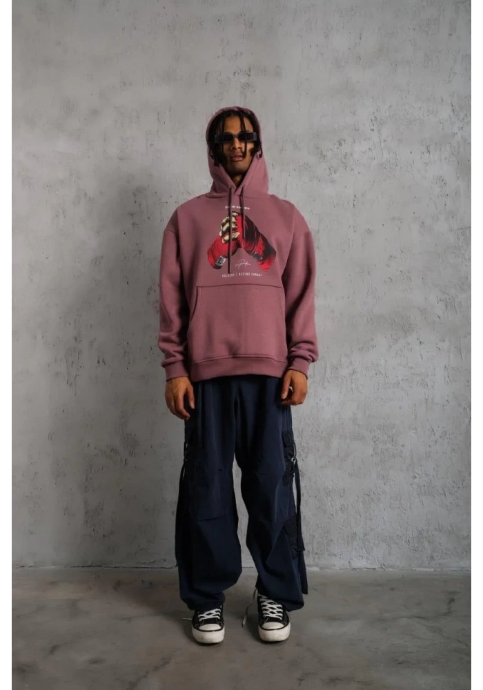 Erkek Kapüşonlu Cepli Box Eldiven Baskılı 3 İplik Sweatshirt Hoodie - Gül Kurusu