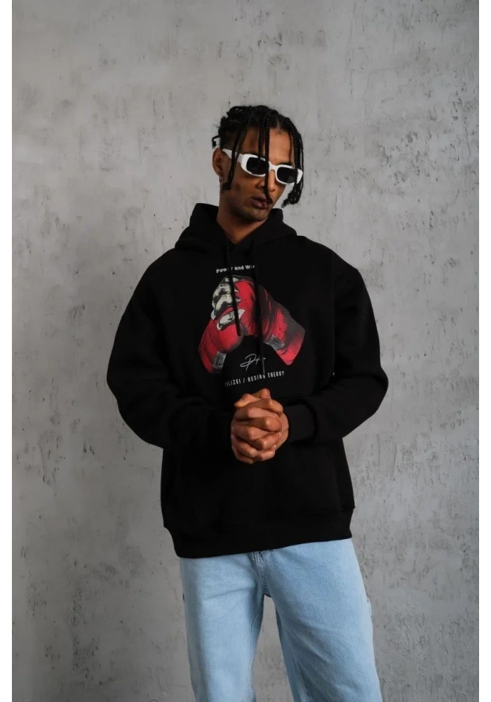 Erkek Kapüşonlu Cepli Box Eldiven Baskılı 3 İplik Sweatshirt Hoodie - Siyah