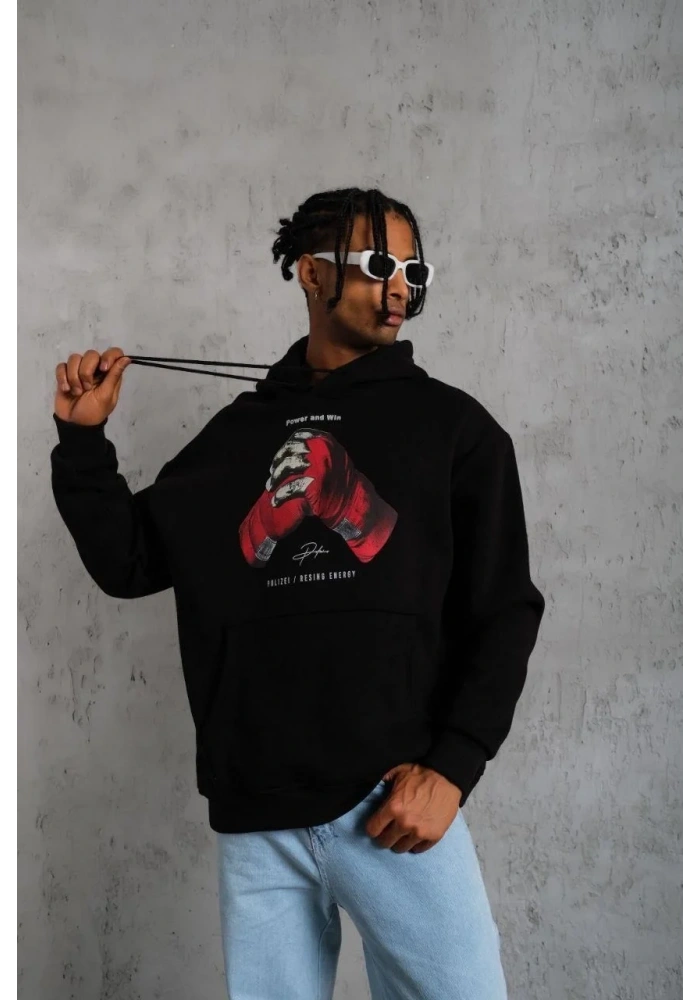 Erkek Kapüşonlu Cepli Box Eldiven Baskılı 3 İplik Sweatshirt Hoodie - Siyah