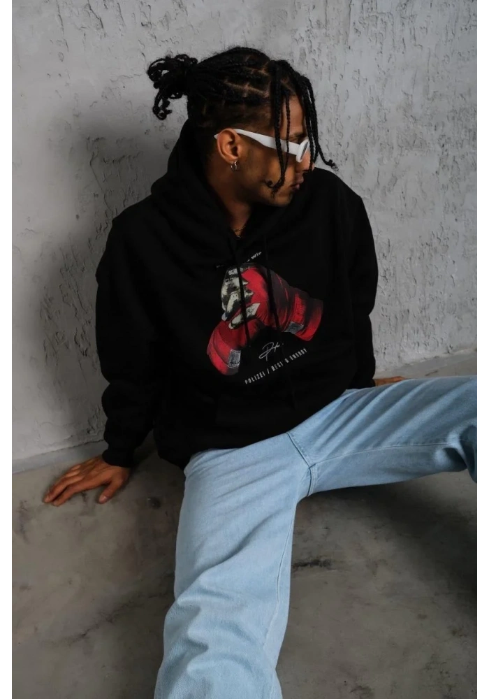 Erkek Kapüşonlu Cepli Box Eldiven Baskılı 3 İplik Sweatshirt Hoodie - Siyah