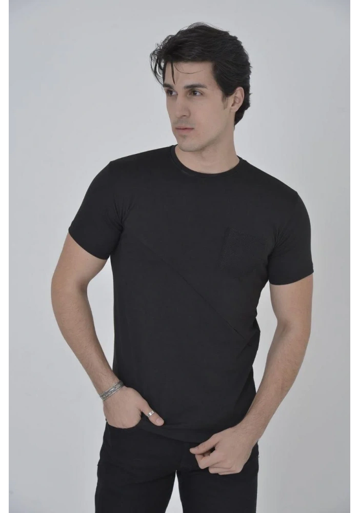 Erkek File Cepli Slim fit T-shirt - Siyah
