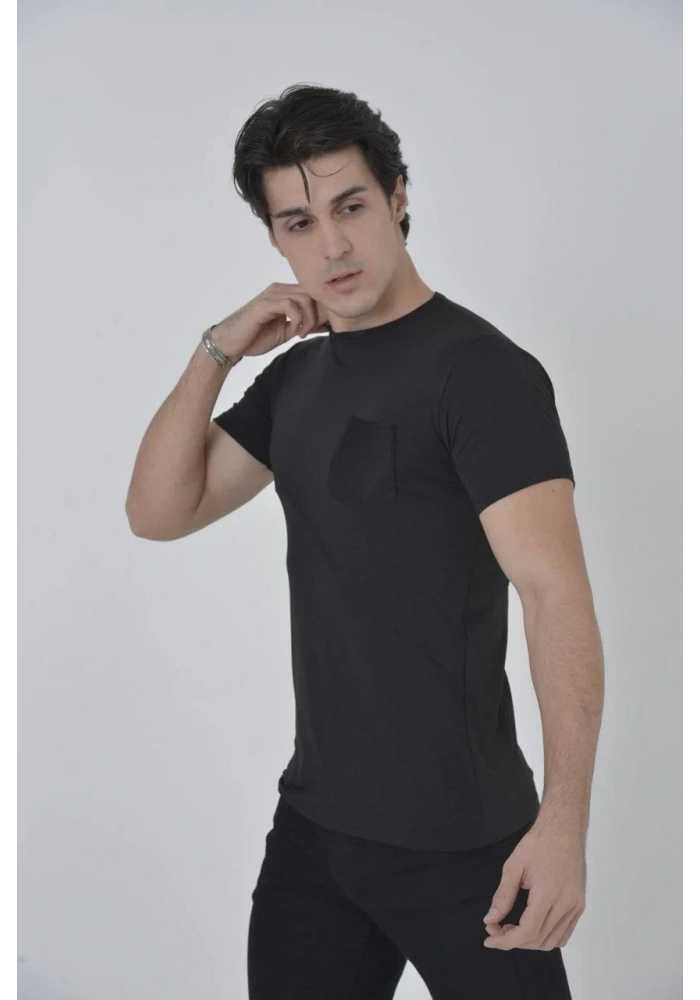 Erkek File Cepli Slim fit T-shirt - Siyah