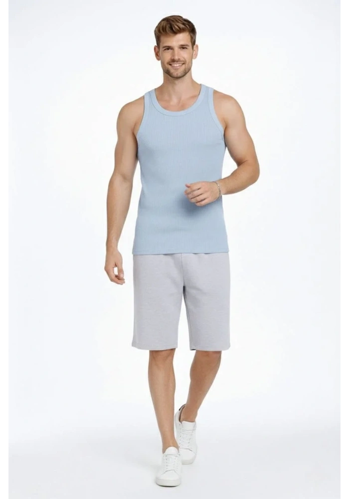 Erkek Fitilli Atlet Sıfır Yaka Slim Fit Arka Baskılı Spor Atlet - Bebe Mavisi