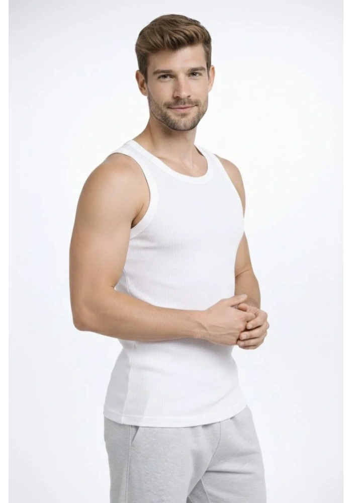 Erkek Fitilli Atlet Sıfır Yaka Slim Fit Arka Baskılı Spor Atlet - Beyaz