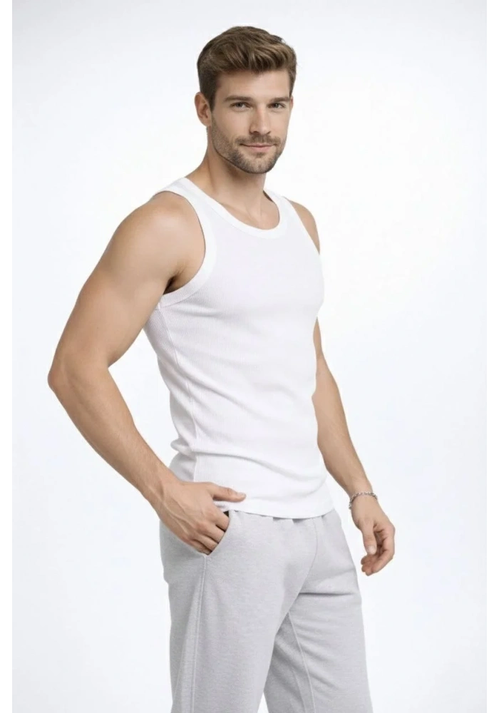 Erkek Fitilli Atlet Sıfır Yaka Slim Fit Arka Baskılı Spor Atlet - Beyaz