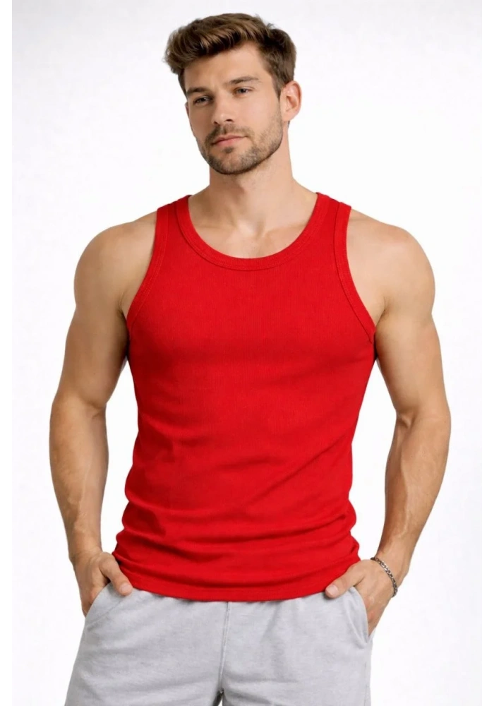 Erkek Fitilli Atlet Sıfır Yaka Slim Fit Arka Baskılı Spor Atlet - Kırmızı