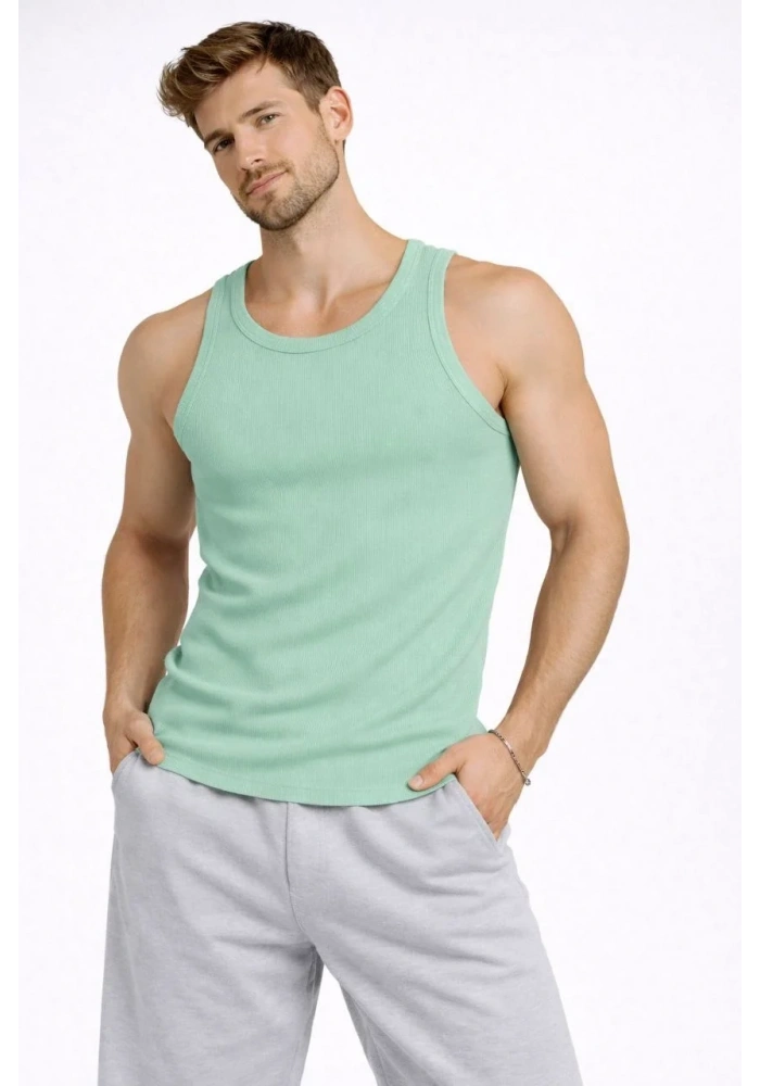 Erkek Fitilli Atlet Sıfır Yaka Slim Fit Arka Baskılı Spor Atlet - Mint Yeşili