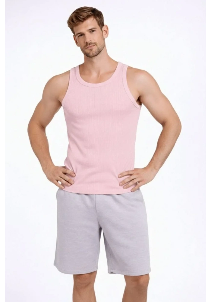 Erkek Fitilli Atlet Sıfır Yaka Slim Fit Arka Baskılı Spor Atlet - Pembe