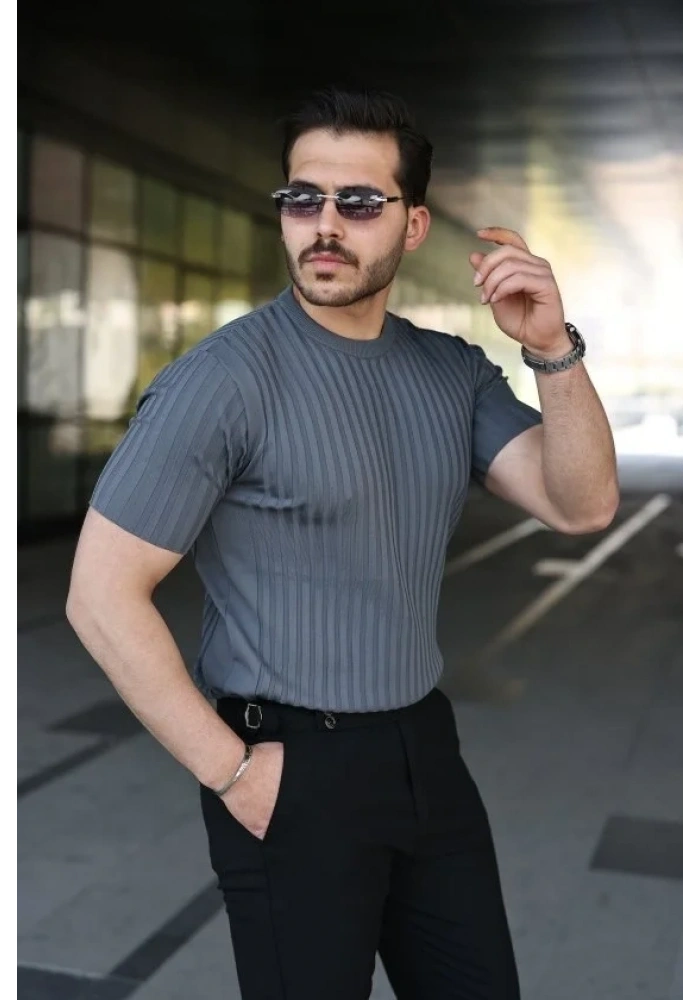 Erkek Fitilli Bisiklet Yaka Kısa Kollu Tişört