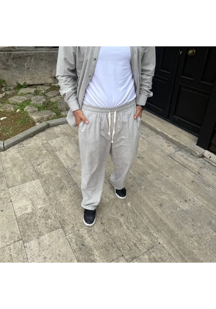 Erkek Fitilli Kadife Cepli Buggy Pantolon Oversize Rahat Kalıp - Gri