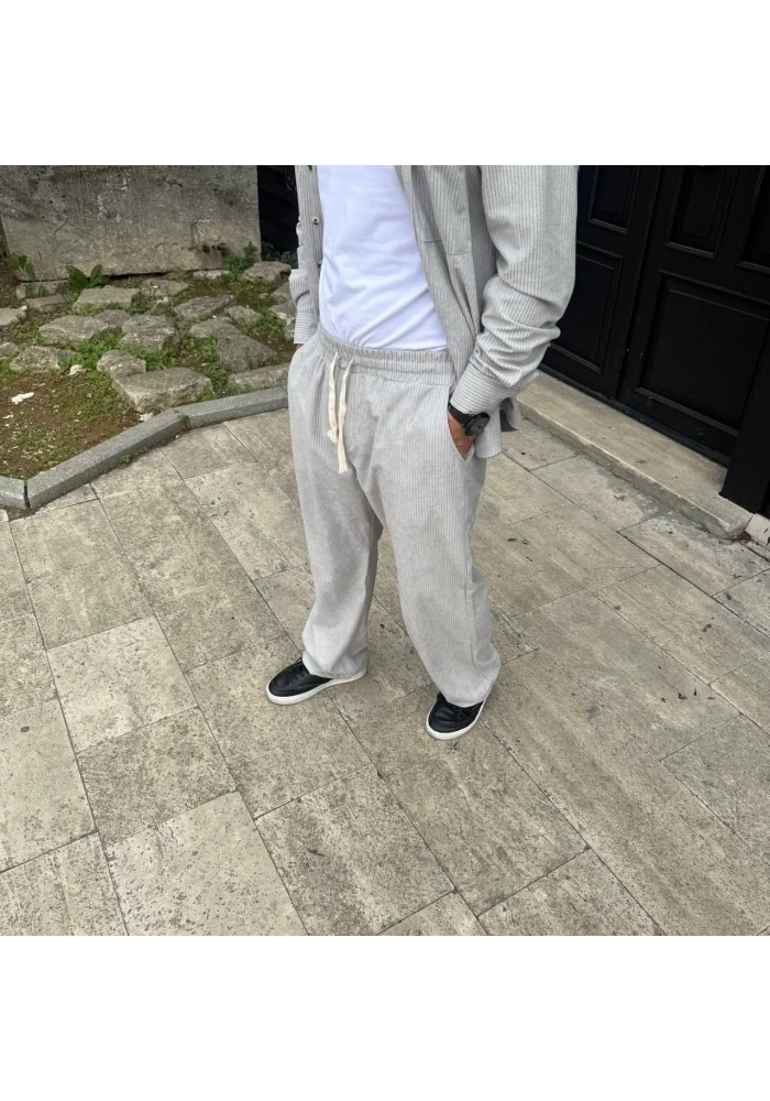 Erkek Fitilli Kadife Cepli Buggy Pantolon Oversize Rahat Kalıp - Gri