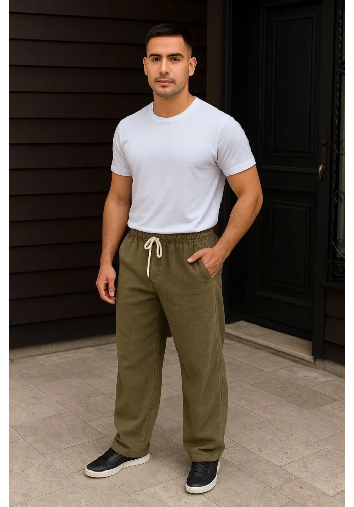 Erkek Fitilli Kadife Cepli Buggy Pantolon Oversize Rahat Kalıp - Haki