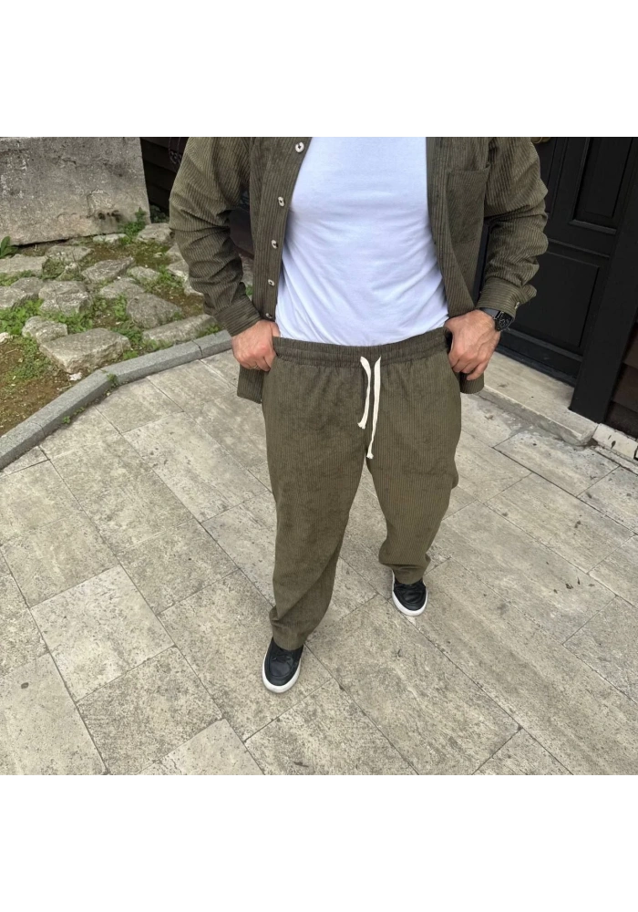 Erkek Fitilli Kadife Cepli Buggy Pantolon Oversize Rahat Kalıp - Haki
