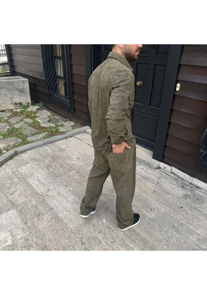 Erkek Fitilli Kadife Cepli Buggy Pantolon Oversize Rahat Kalıp - Haki