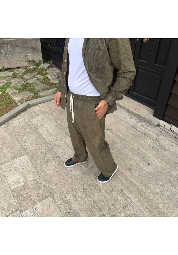 Erkek Fitilli Kadife Cepli Buggy Pantolon Oversize Rahat Kalıp - Haki