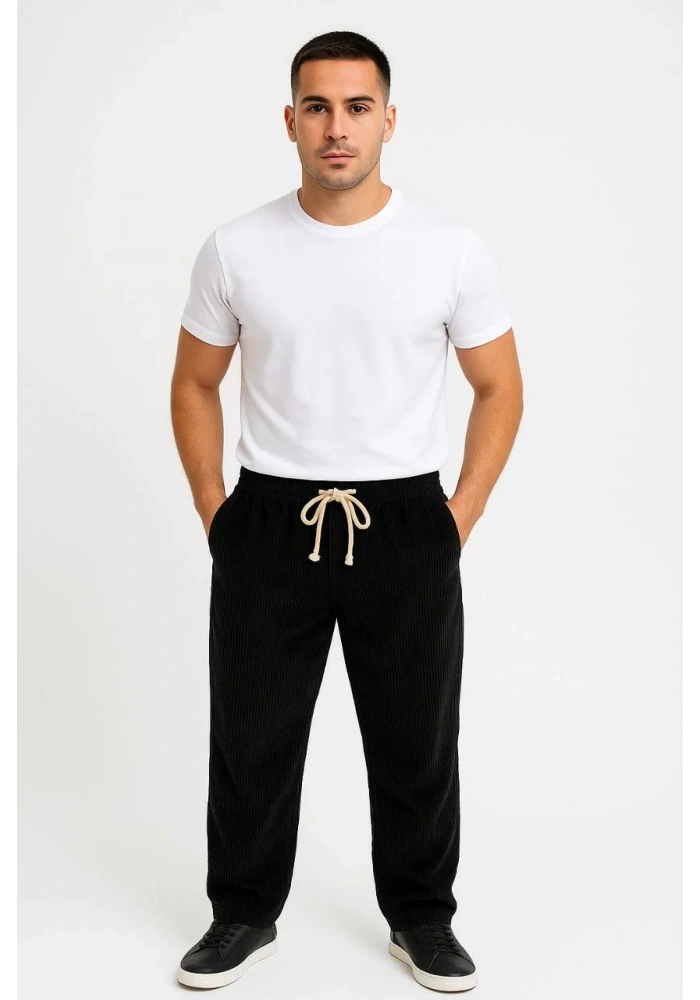 Erkek Fitilli Kadife Cepli Buggy Pantolon Oversize Rahat Kalıp - Siyah