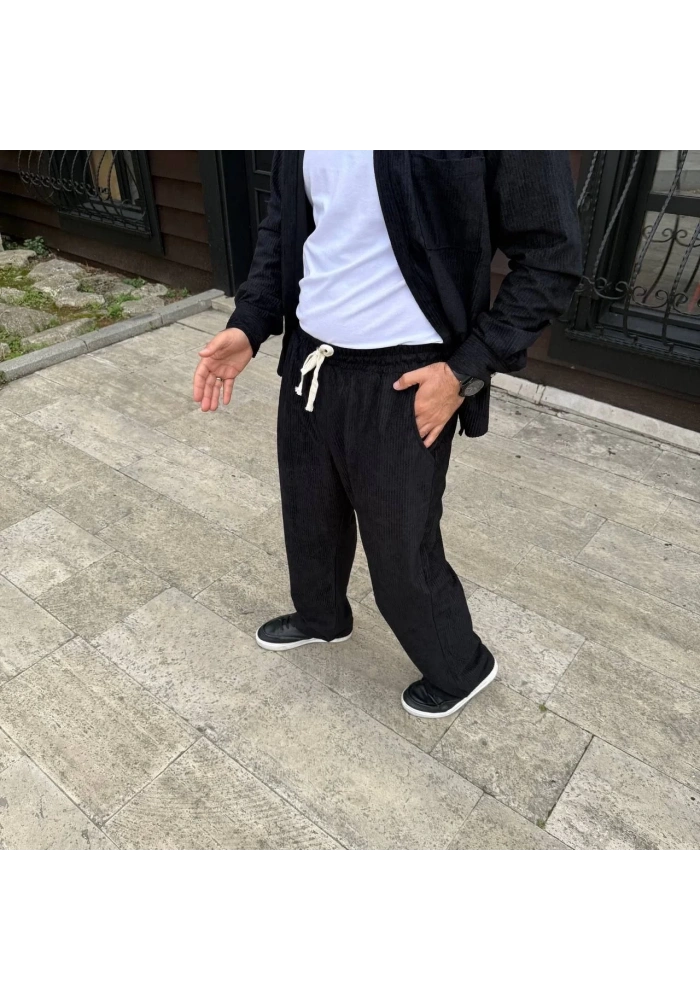 Erkek Fitilli Kadife Cepli Buggy Pantolon Oversize Rahat Kalıp - Siyah