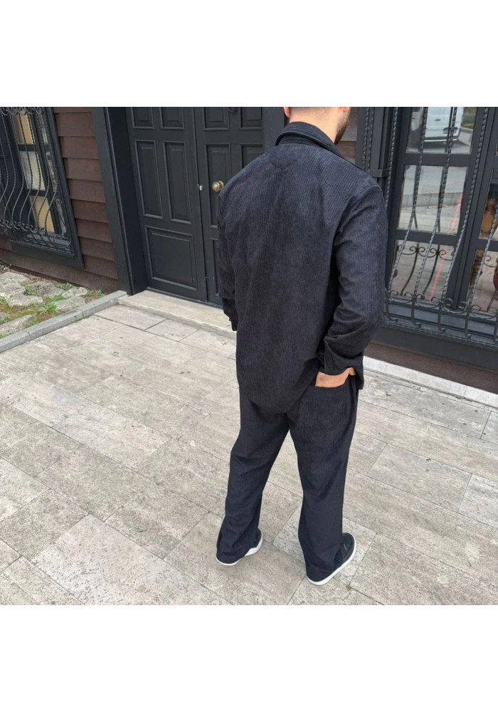 Erkek Fitilli Kadife Cepli Buggy Pantolon Oversize Rahat Kalıp - Siyah