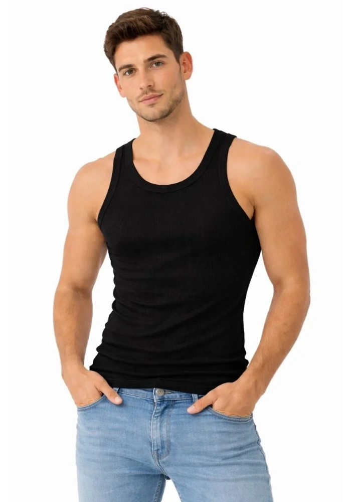 Erkek Fitilli Likralı Kaşkorse Atlet Vücuda Oturan Basic Şıklık - Siyah