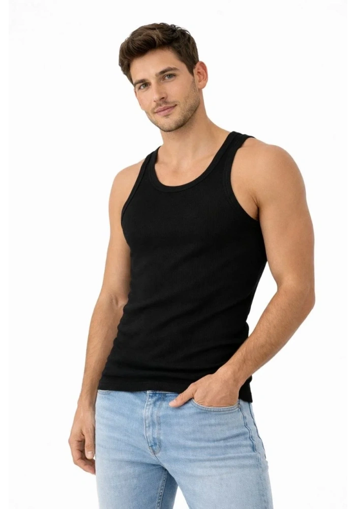 Erkek Fitilli Likralı Kaşkorse Atlet Vücuda Oturan Basic Şıklık - Siyah