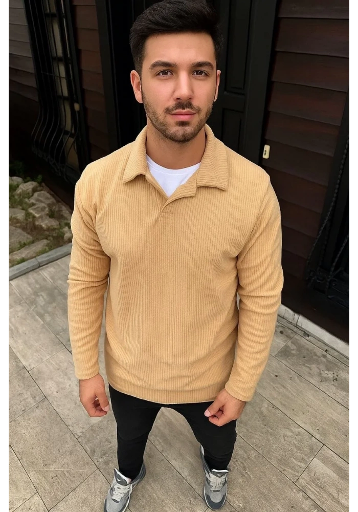 Erkek Fitilli Polar Sweatshirt Düğmesiz Yaka Oversize - Bej