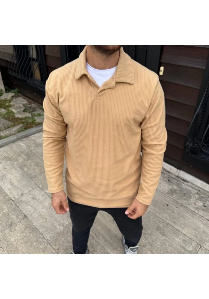 Erkek Fitilli Polar Sweatshirt Düğmesiz Yaka Oversize - Bej