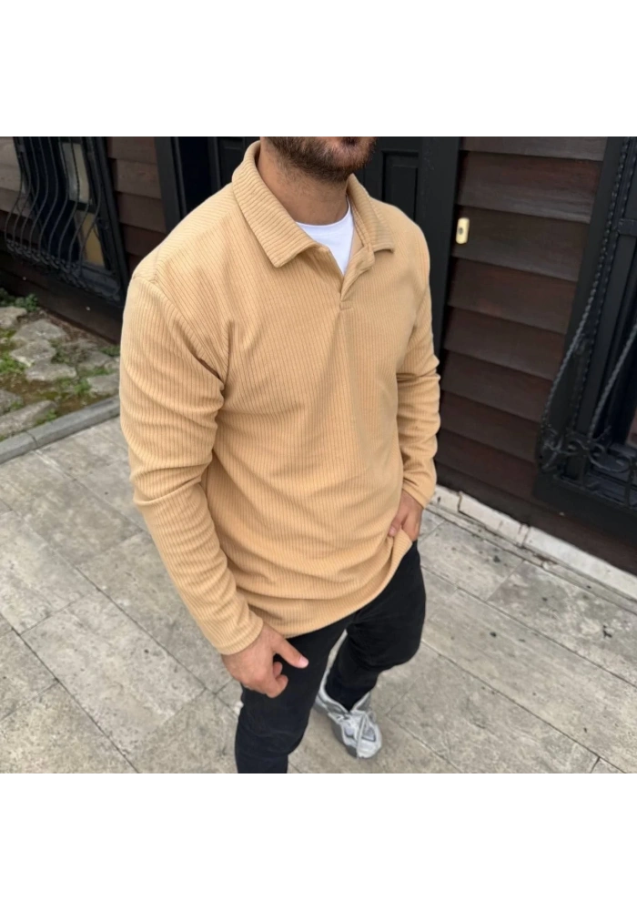 Erkek Fitilli Polar Sweatshirt Düğmesiz Yaka Oversize - Bej