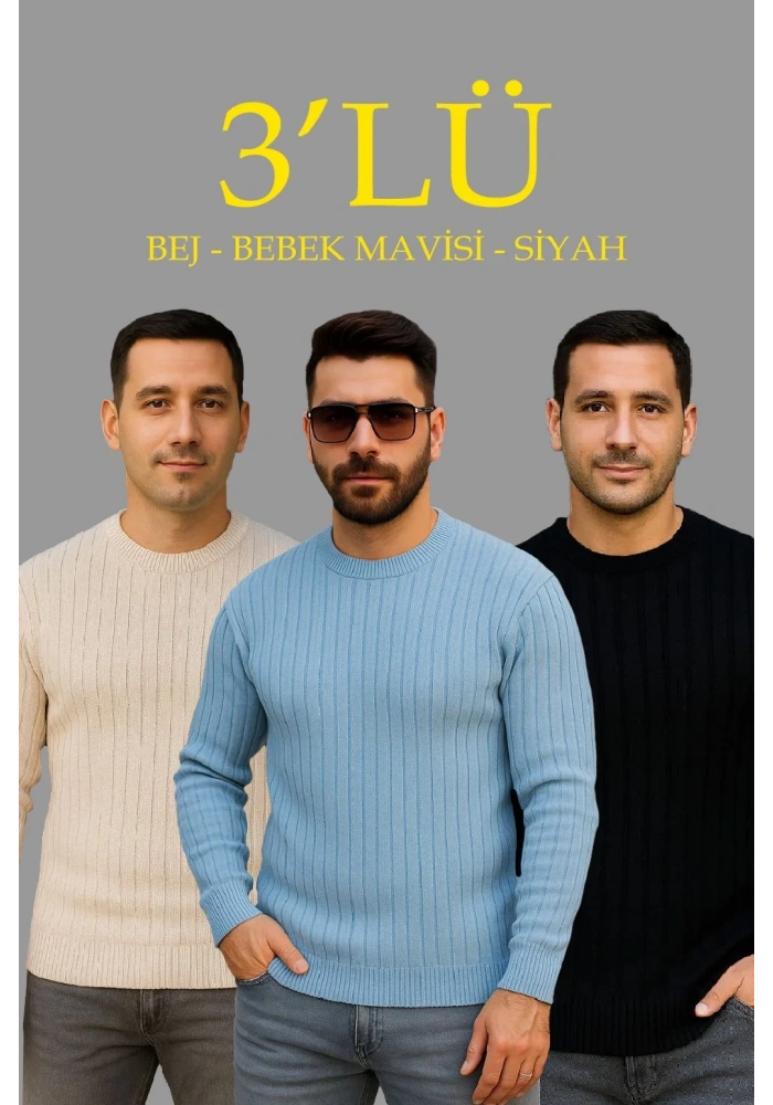 Erkek Fitilli Triko Bisiklet Yaka Kalın Kazak 3lü Set Bej-Bebek Mavisi-Siyah
