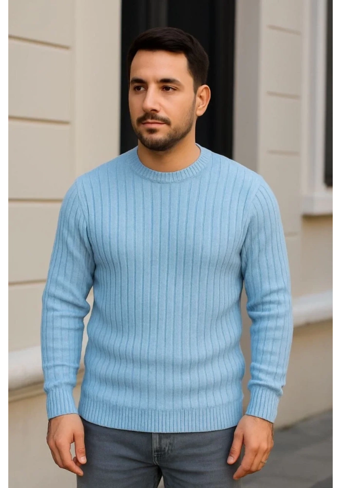 Erkek Fitilli Triko Bisiklet Yaka Kalın Kazak 3lü Set Bej-Bebek Mavisi-Siyah