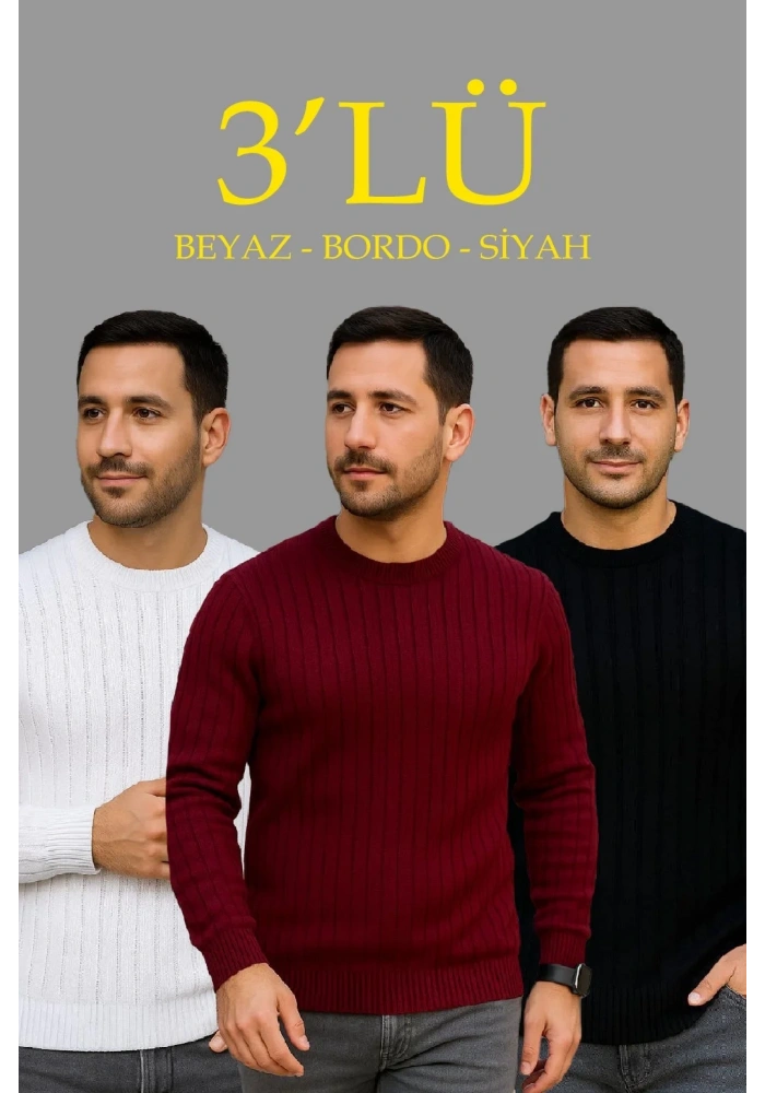 Erkek Fitilli Triko Bisiklet Yaka Kalın Kazak 3lü Set Beyaz-Bordo-Siyah