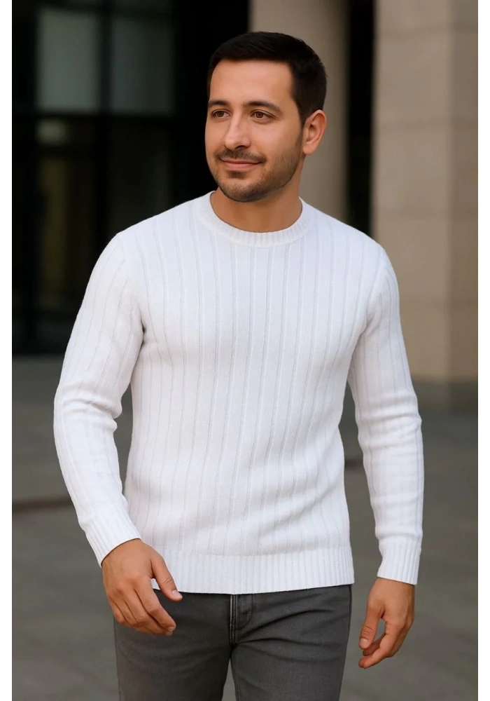 Erkek Fitilli Triko Bisiklet Yaka Kalın Kazak 3lü Set Beyaz-Gri-Siyah