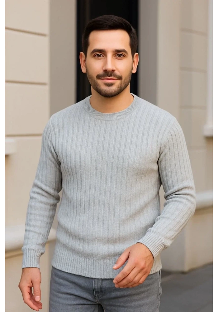 Erkek Fitilli Triko Bisiklet Yaka Kalın Kazak 3lü Set Gri-Haki-Siyah