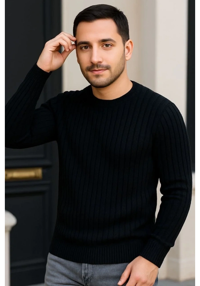 Erkek Fitilli Triko Bisiklet Yaka Kalın Kazak 3lü Set Gri-Haki-Siyah