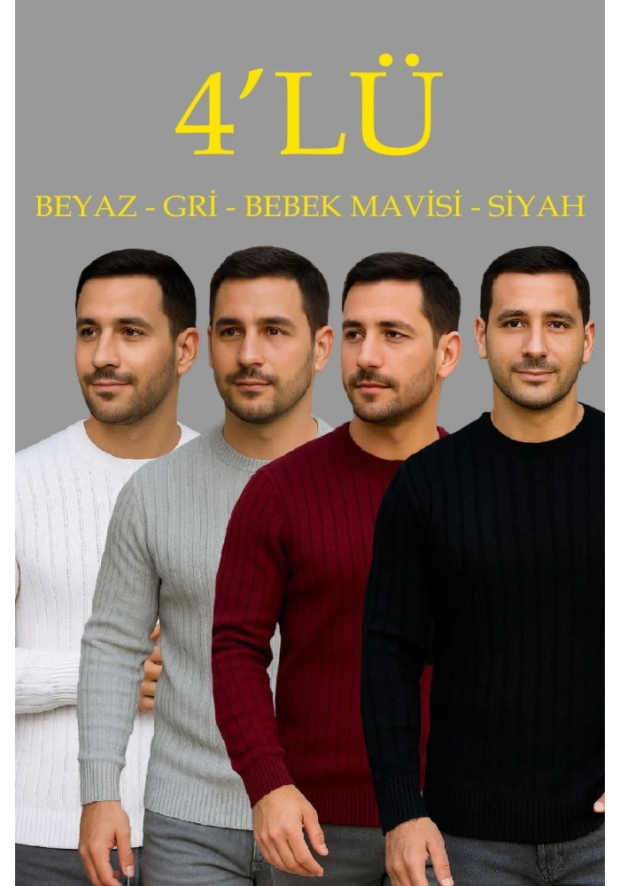 Erkek Fitilli Triko Bisiklet Yaka Kalın Kazak 4lü Set Beyaz-Bordo-Gri-Siyah