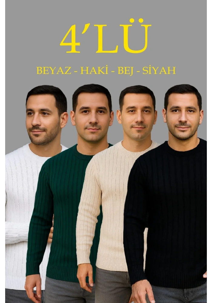 Erkek Fitilli Triko Bisiklet Yaka Kalın Kazak 4lü Set Beyaz-Haki-Bej-Siyah