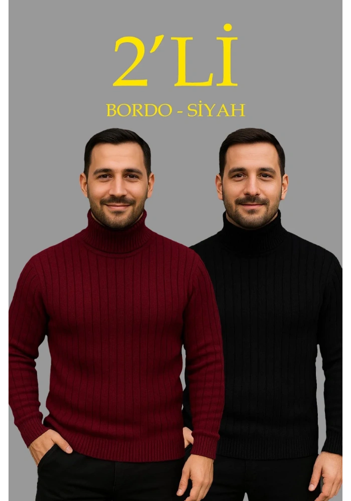 Erkek Fitilli Triko Kazak 2li Set Bordo Siyah Regular Balıkcı Yaka Tam Boğazlı Triko Seti