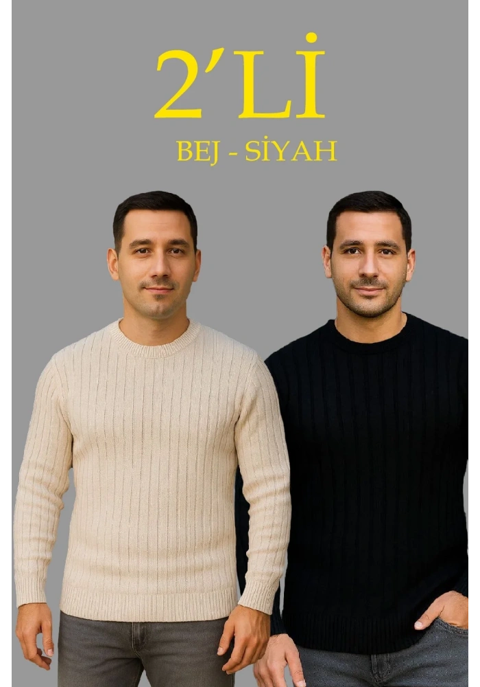 Erkek Fitilli Triko Kazak 2’li Set Bej Beyaz Kalın Dokuma Pamuklu Regular Fit Bisiklet