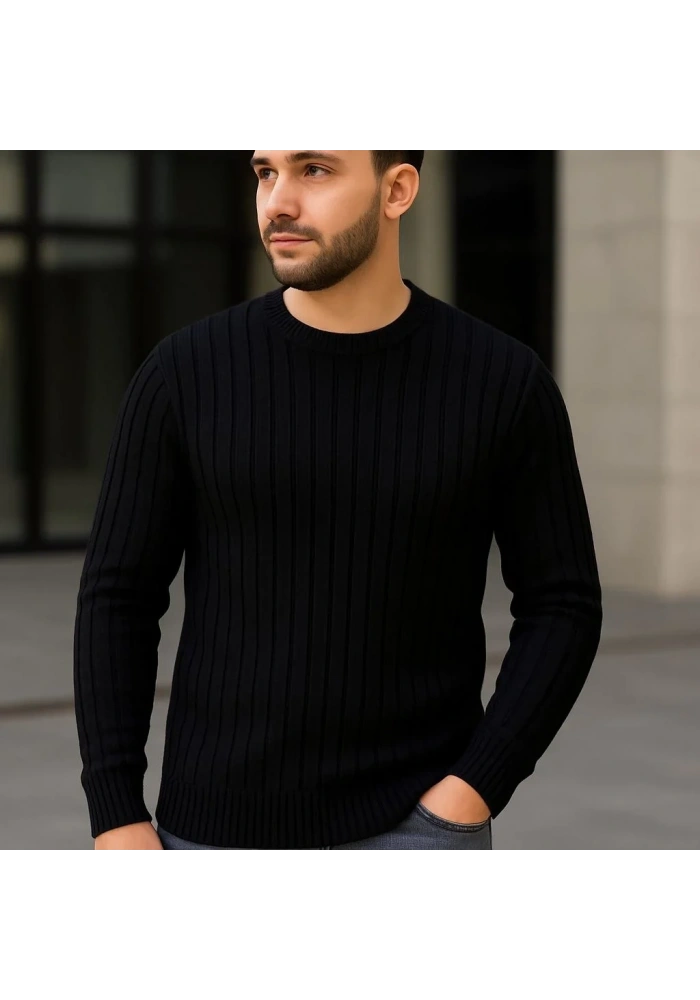 Erkek Fitilli Triko Kazak 2’li Set Bej Beyaz Kalın Dokuma Pamuklu Regular Fit Bisiklet