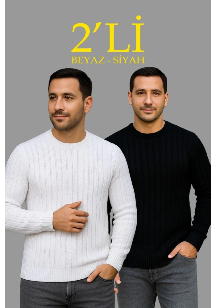 Erkek Fitilli Triko Kazak 2’li Set Siyah Beyaz Kalın Dokuma Pamuklu Regular Fit Bisiklet