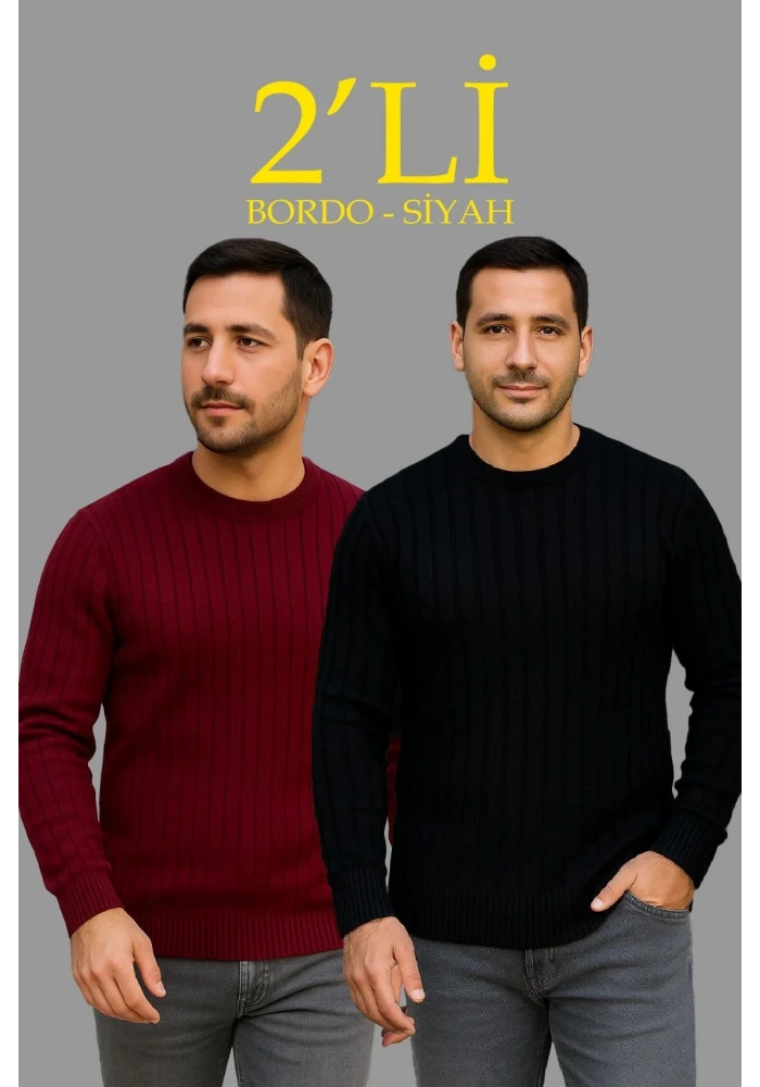 Erkek Fitilli Triko Kazak 2’li Set Siyah Bordo Kalın Dokuma Pamuklu Regular Fit Bisiklet