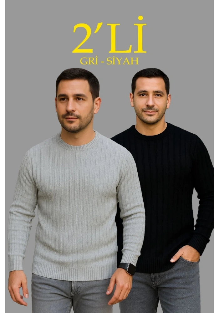 Erkek Fitilli Triko Kazak 2’li Set Siyah Gri Kalın Dokuma Pamuklu Regular Fit Bisiklet