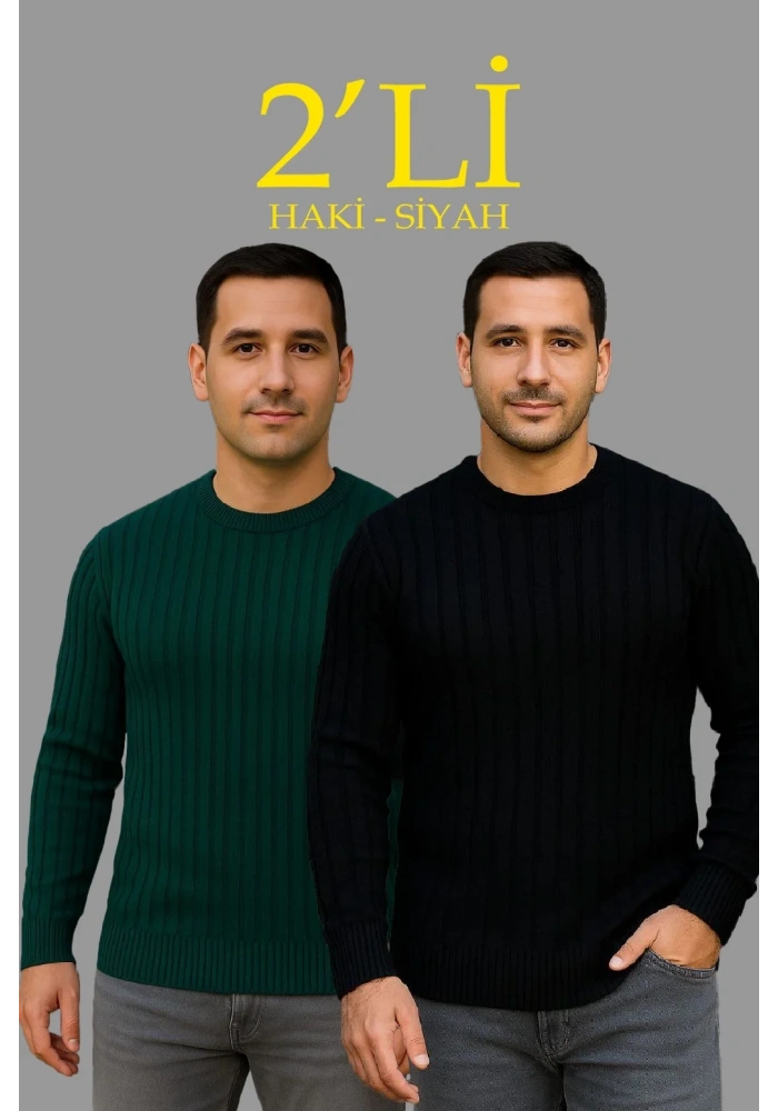 Erkek Fitilli Triko Kazak 2’li Set Siyah Haki Kalın Dokuma Pamuklu Regular Fit Bisiklet