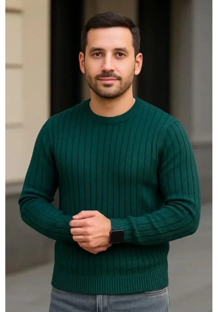 Erkek Fitilli Triko Kazak 2’li Set Siyah Haki Kalın Dokuma Pamuklu Regular Fit Bisiklet