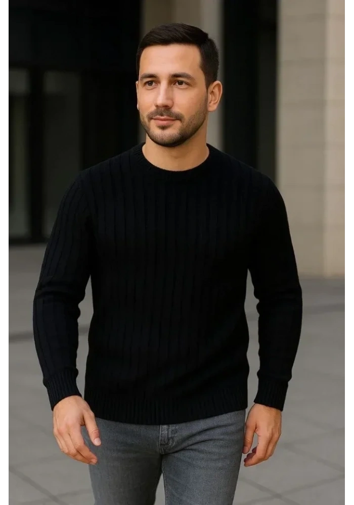 Erkek Fitilli Triko Kazak 2’li Set Siyah Haki Kalın Dokuma Pamuklu Regular Fit Bisiklet